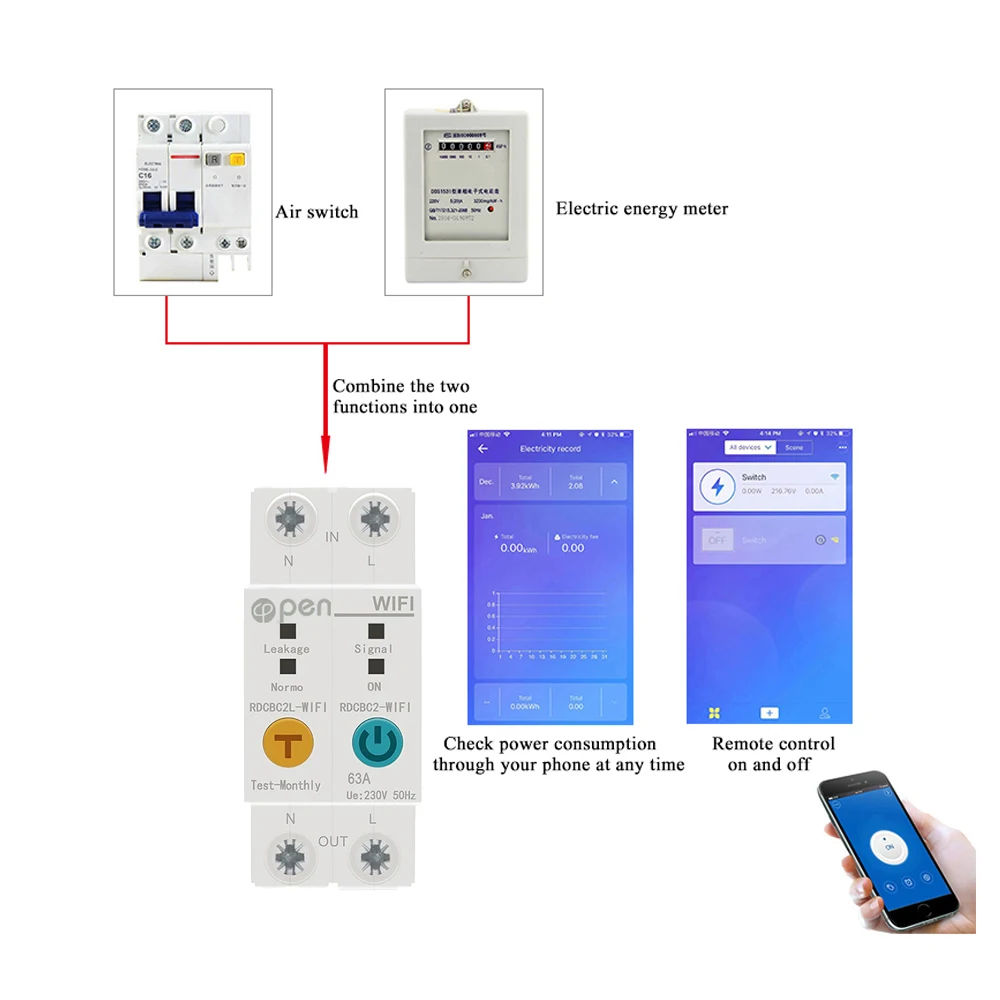 2P WiFI remote control compatible with Amanzon Alexa and Google home  energy monitoring  leakage circuit breaker din rail switch