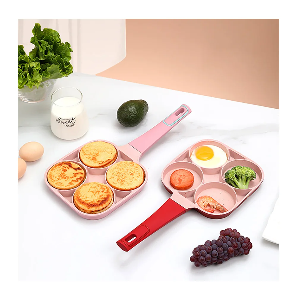 

JX- 4-hole breakfast egg ham fried pan non-stick burger steak frying skillet thickened omelet cooker pan for kitchen, Green,pink,red,black