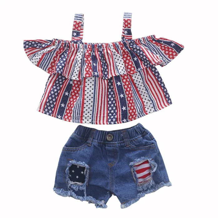 

Free Shipping Fashion Design Toddler Baby Girls Sets Off-shoulder Top Splicing Flag Denim Shorts Girls Ruffled Set for July 4th, Accept customized color