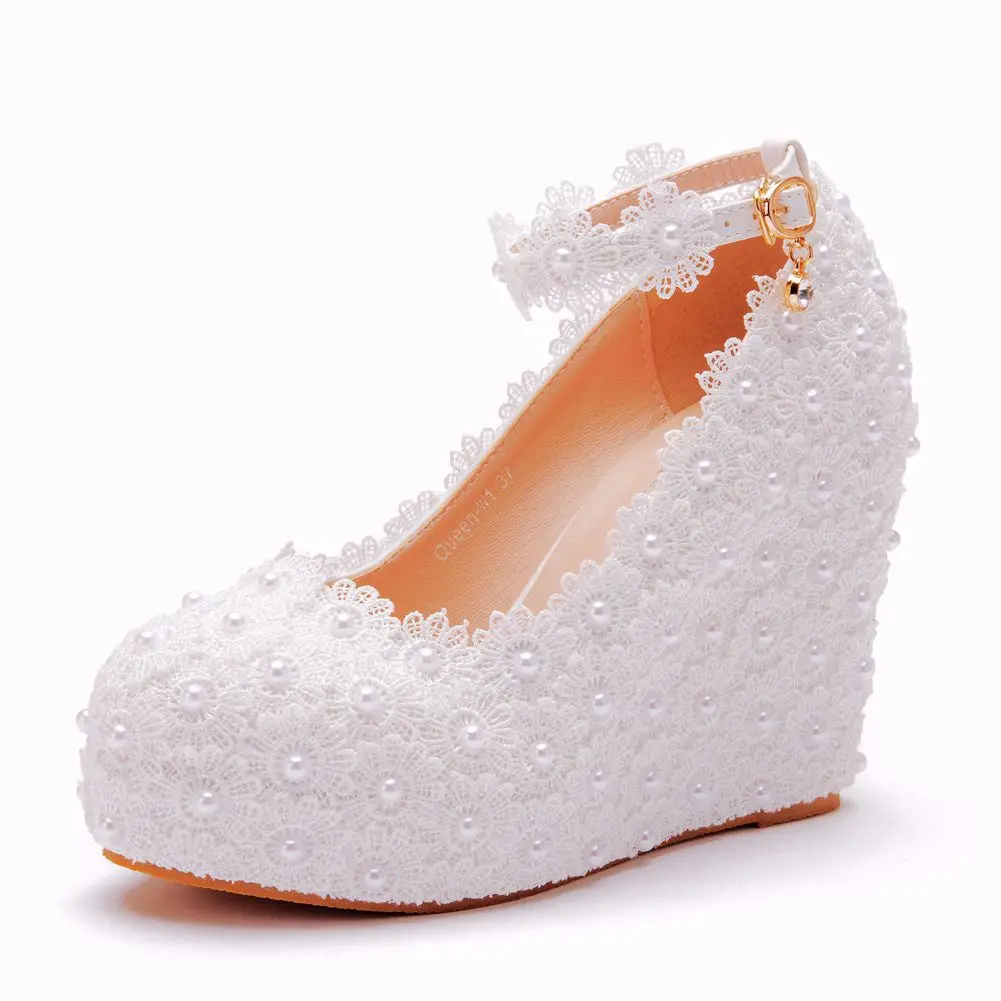 

White Lace Wedding Heels Round Toe Platform Wedges Pump Heels Shoes Wedge shoes High Heel Pump Shoes