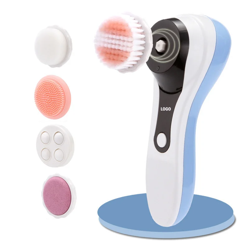 

5 in 1 USB electric soft sonic silicone exfoliating spin cleansing facial brush cleanser private label, Blue , white , pink