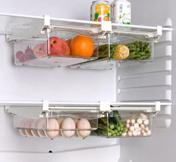 

Storage Rack for Fridge Refrigerator Organizer Adjustable Stretchable Organizers Basket Pull-Out Drawers Spacer Layer, Transparent