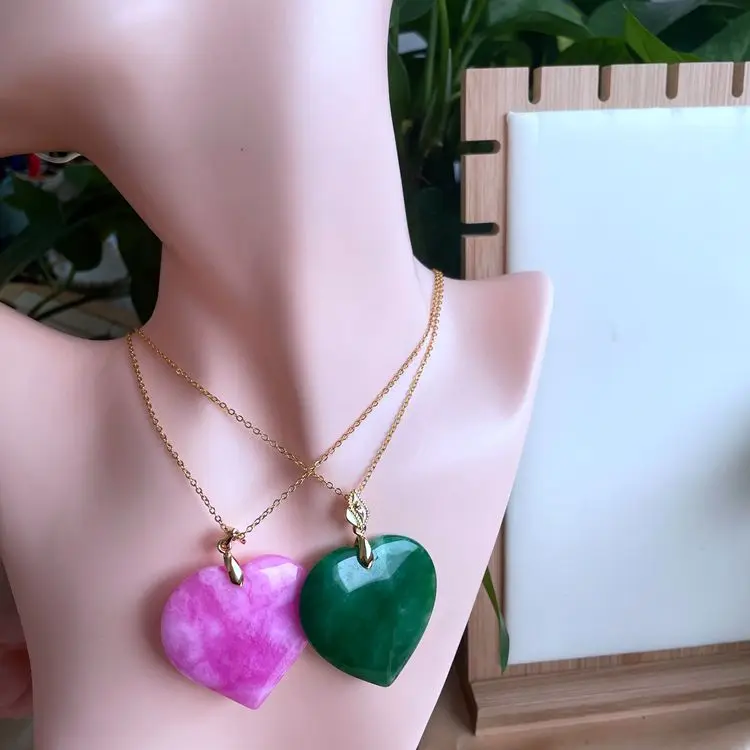 

Jialin natural green pink jade stone big heart for women girls pendant fashion necklace