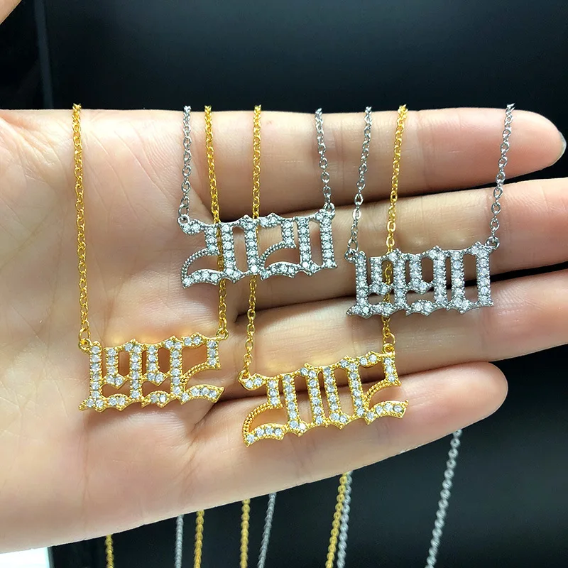 

Gold and silver Color Birth Year Necklace Crystal Personalized Old English Arabic Year Number Pendant Necklace