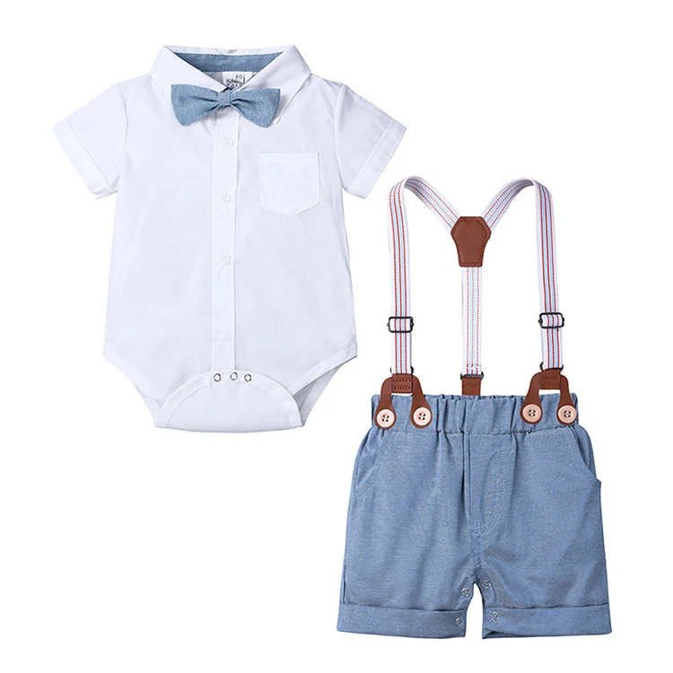 

Summer toddler gentleman clothes sets baby boy white shirt rompers with bow + overalls shorts 2pcs kids outfits