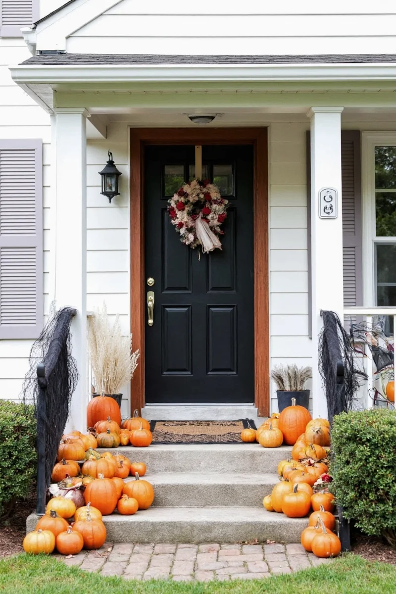 Corn stalks tied around columns with fall ribbons