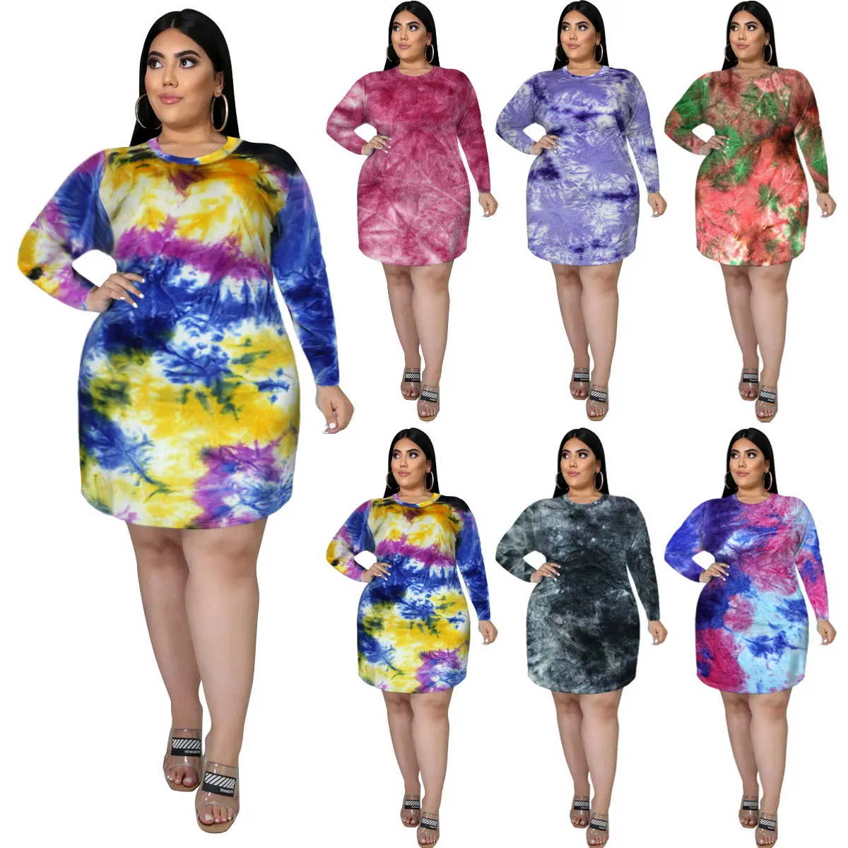 

21010-MX78 casual tie dye O-neck plus size dresses women sehe fashion