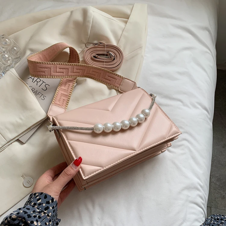 

Bag women summer 2021 new fashion single shoulder bag pearl chain messenger bag, Black,pink,yellow,beige,blue,khaki