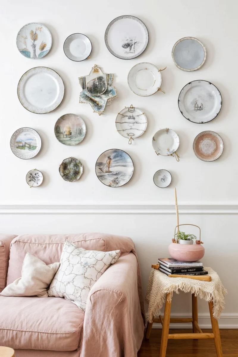 Navy blue decorative plate rack on wall