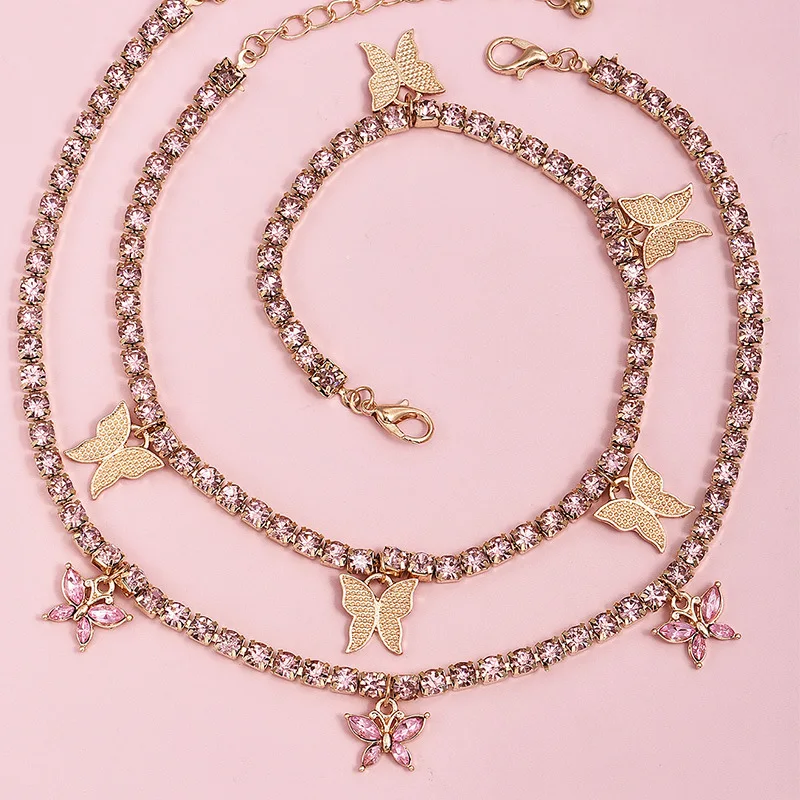 

Hot sale Luxury Personality Clavicle Chain necklace Sets butterfly stainless steel diamond Necklace Butterfly Diamond Necklace, As pic or customized