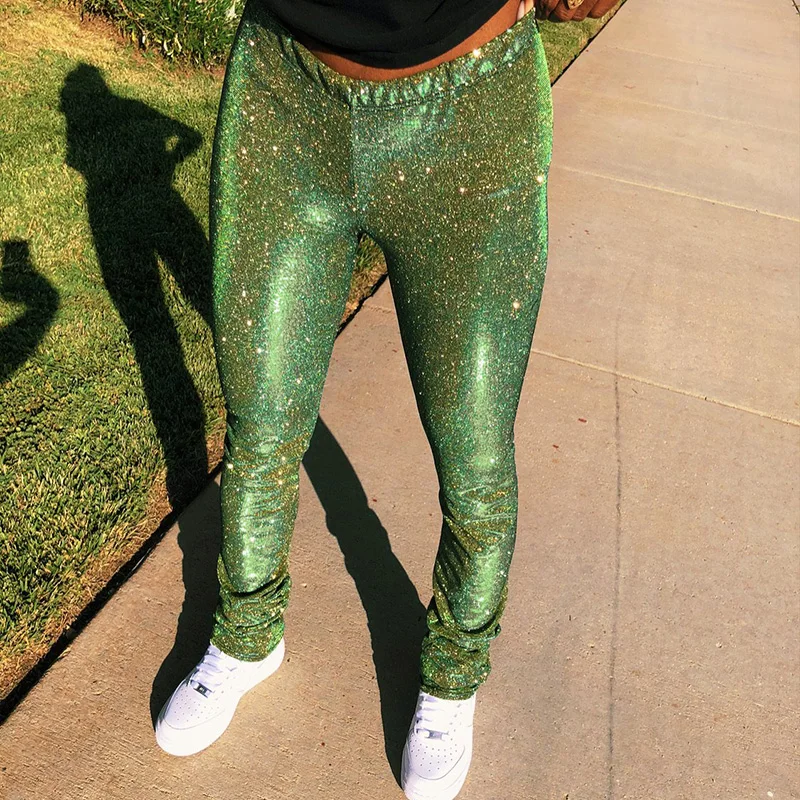 

Streetwear Fashion High Waist Bodycon Stacked Pants Women Glitter Women Clubwear Stretchy Pantalones Party Trousers, Blue/green/orange