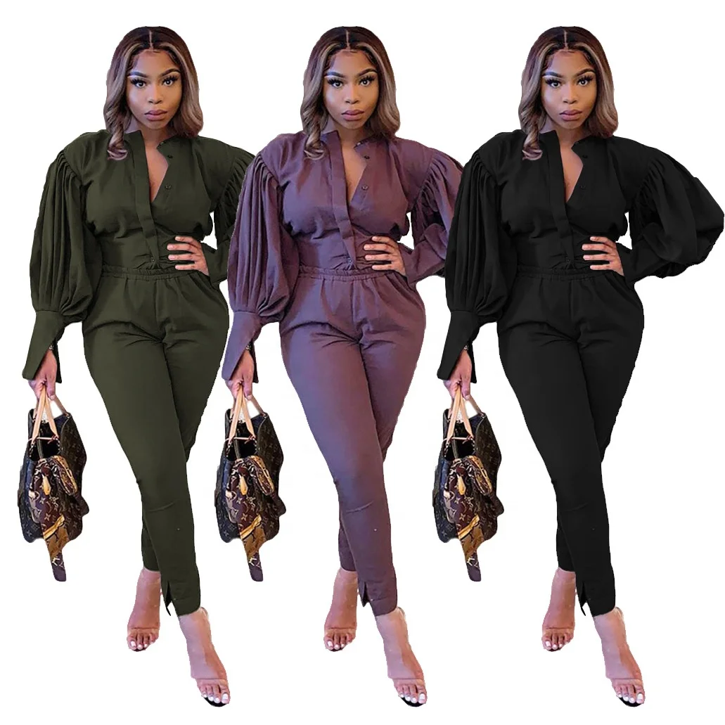 

DLLNew design plus Cross-border lady's puff comfortable sports long sleeve open pants solid color woman suit two pieces trousers, As picture or customized make