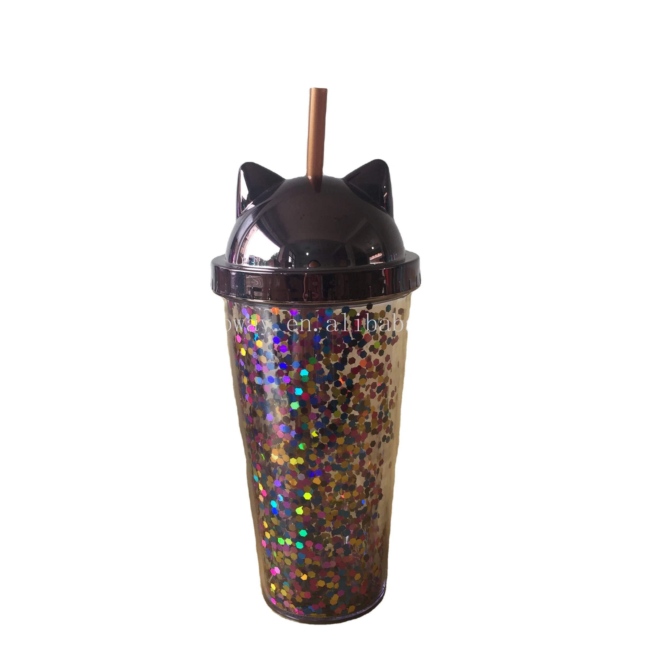 

Hot selling fashion double wall 16oz glitter cat ear cup tumbler with straw