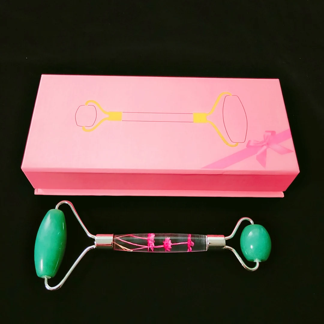 

2021 direct supplied amazon flower handle green aventurine massage roller with box