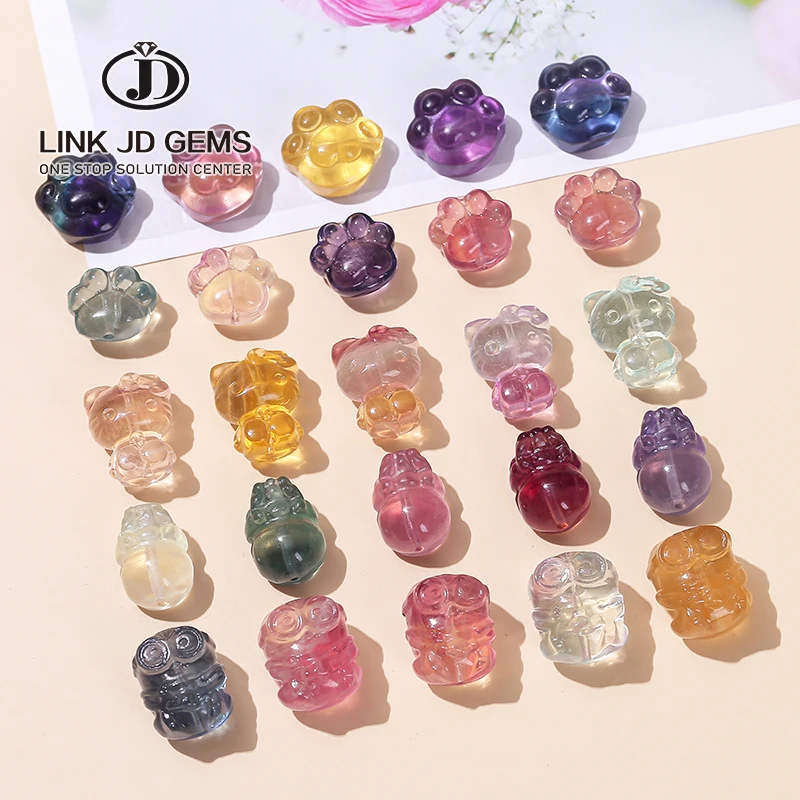 

10Pcs/lot Natural Fluorite Crystal Carved Animals Shape Wealth Cat Paw Lucky Pixiu Cute Charm Bead With Hole For Jewelry Making