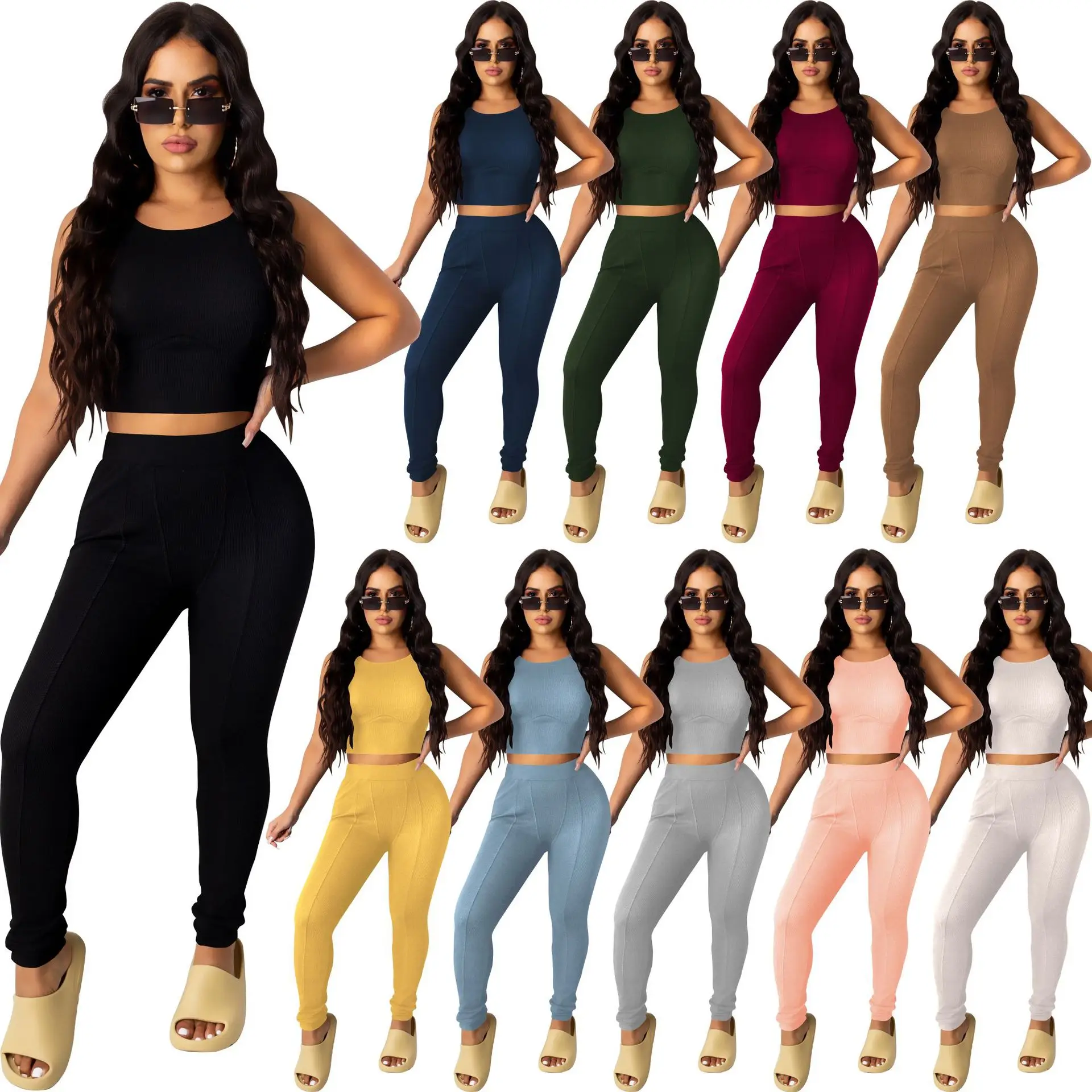

GX6490 Fashion 2021 new arrival casual sleeveless sport suit yoga wear solid color outfit womens spring 2 piece sets, Picture