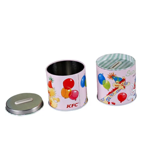 Round metal tin coin bank for kid with open lid