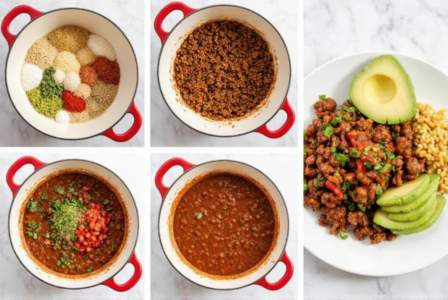 Step-by-step preparation of quinoa chili showing ingredients in bowls, cooking process, and final plated dish with avocado garnish