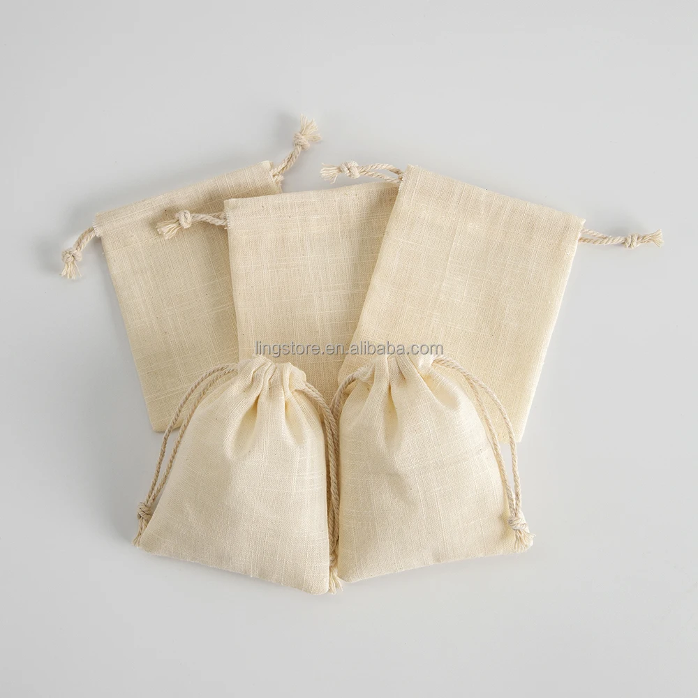 8*10 cm Eco-friendly Beige Slub Cotton Reusable Organic Bags Cheap Drawstring Stone Diamond Jewelry Packaging Pouch Dust Bag