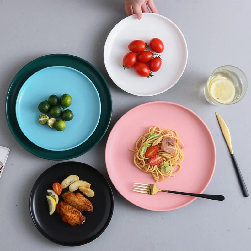 

Factory Direct Nordic 8 Inch Creative Matte Ceramic Spaghetti Pizza Ceramic Round Plate, Matt black white blue green pink yellow