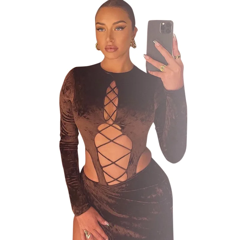 

Fall 2021 women clothes sexy long sleeve hollow out bandage top with mini skirt set 2 piece skirt set