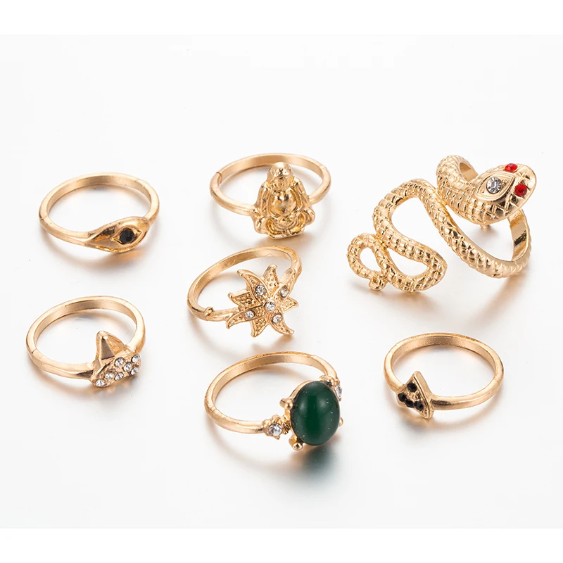 

Bohemian Gold Color Women Green Rhinestone Snake Buddha Crystal Flower Rings Sets 7Pcs/Set, Silver