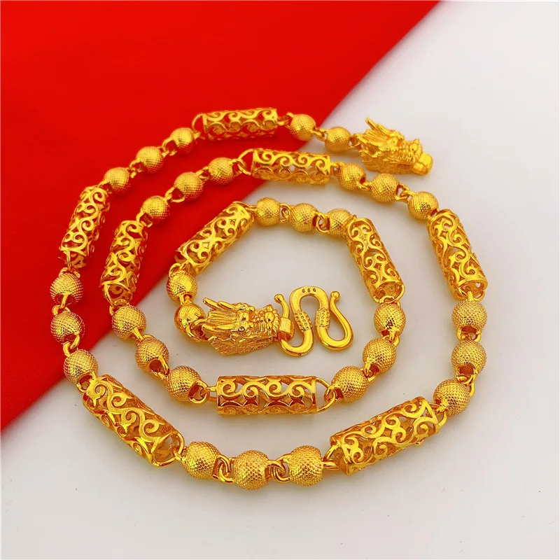 

Men's Simulated Vietnam Alluvial Gold Cutout Carvings Flower Column With Frosted Round Beads Xiangyun Dragon Head Necklace
