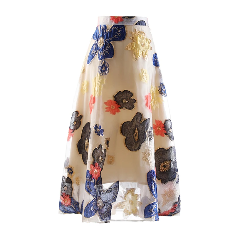 

TWOTWINSTYLE Vintage Embroidery Colorblock Skirt For Women High Waist Loose Midi Skirts Female