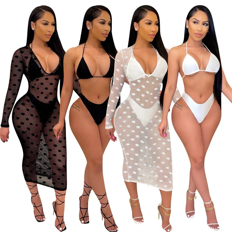 

DUODUOCOLOR Summer fashion beach long sleeve v neck wave point bikini set swimwear 2021 three piece bathing suit D10366