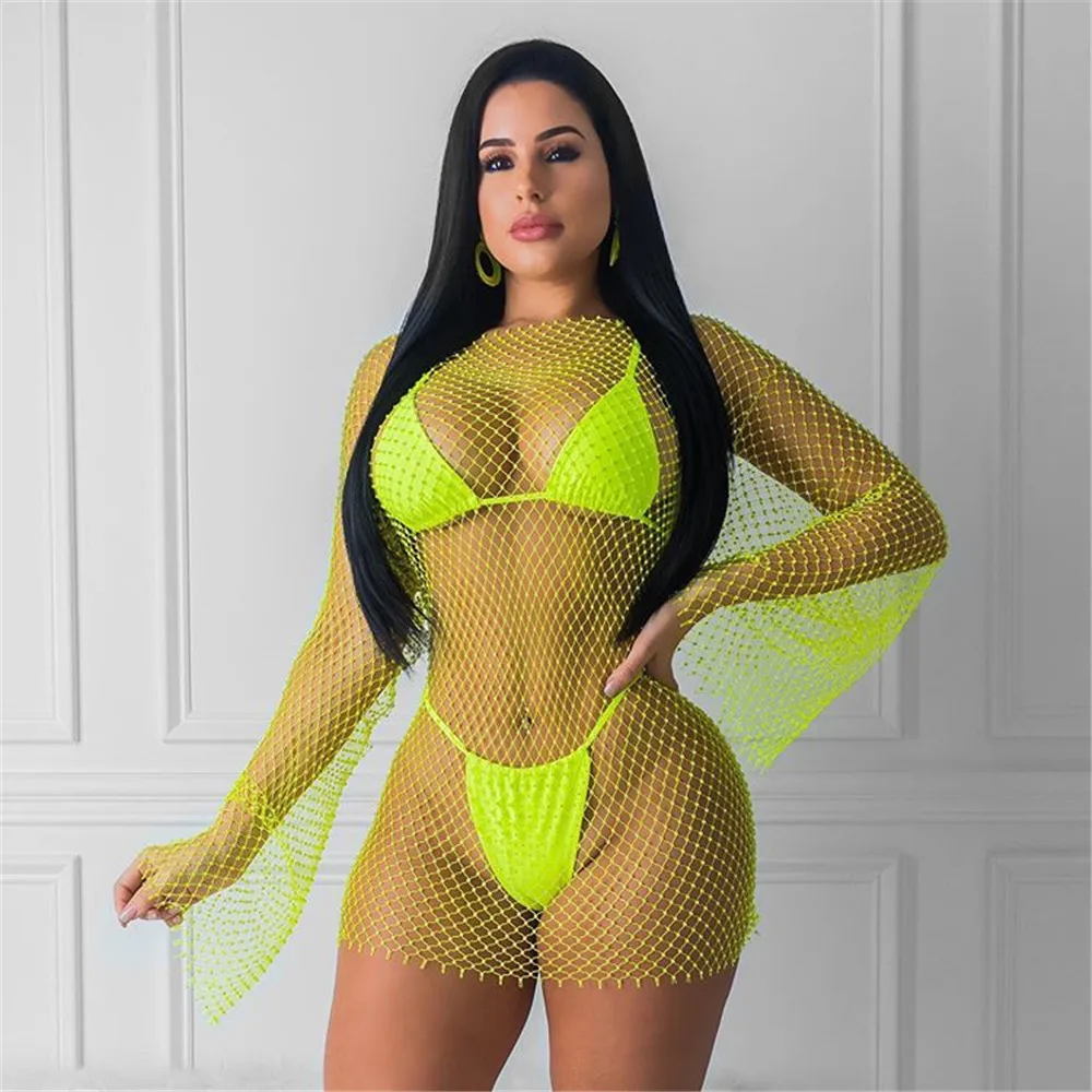 

Wholesale 2021 Summer Fashion Halter See Through Nude Off Shoulder Mesh Bodycon Club Mini Dress African Clothing