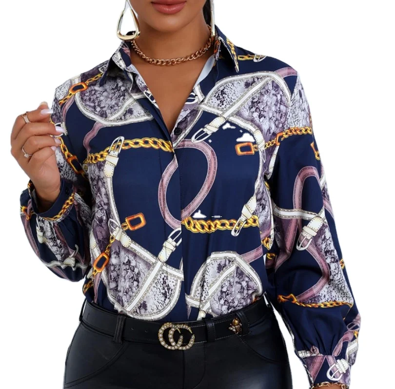 

polyester fabric woman tops fashionable chain print loose long sleeve buttons turn-down collar women's spring blouses shirts
