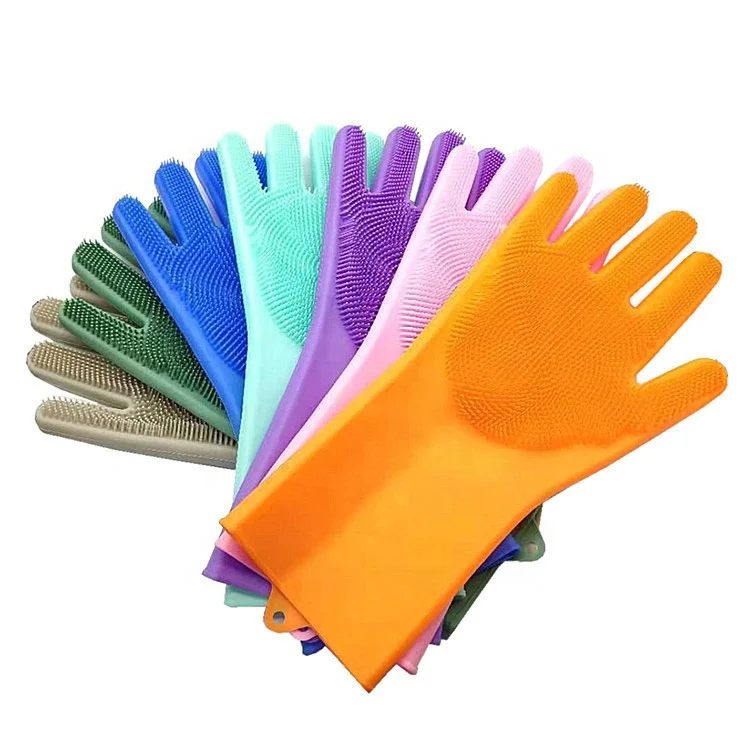 

BPA Free Kitchen Cleaning Scrubber Reusable Silicone Dishwashing Gloves, Gray,blue,green,yellow,pink