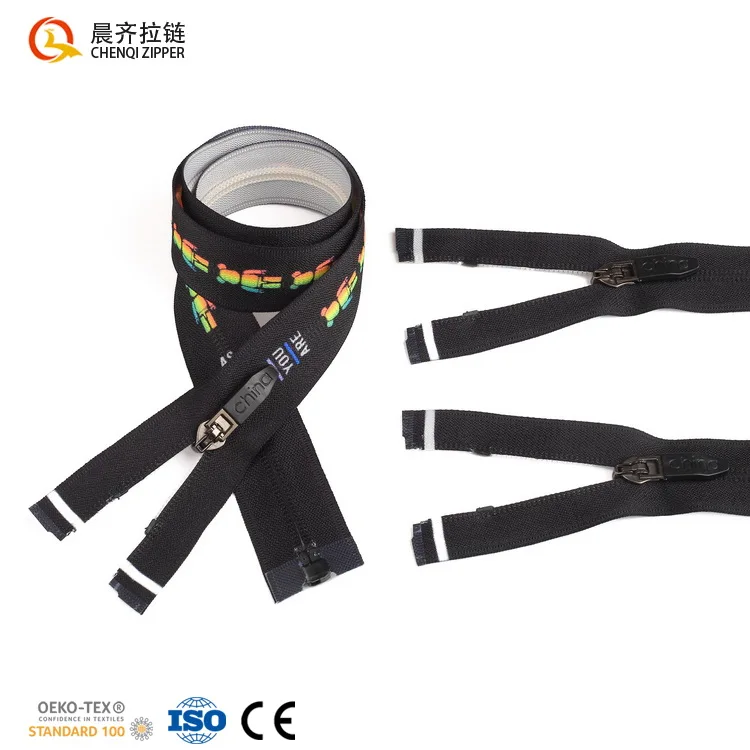 

Fancy 3# 5# 8# semi auto lock rubber puller zippers colorful printing tape can be customized logo open end nylon reverse zipper