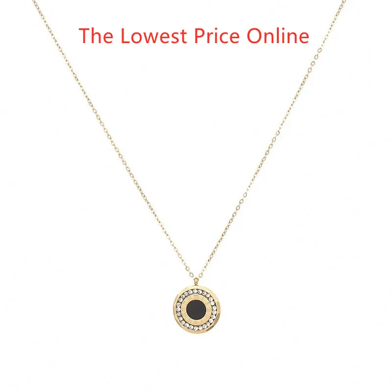 

Non Tarnish Gold Plated Engraved Roman Numerals Zircon Round Pendant Stainless Steel Chain Fashion Necklace