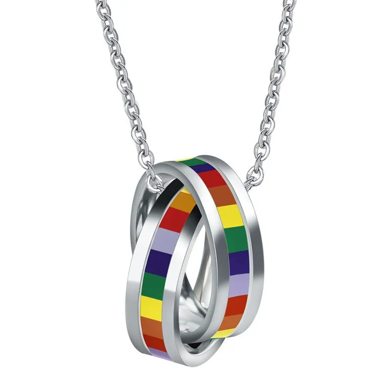 

Stainless Steel Rainbow Enamel Double Circle Necklace Round Rings Pendant Necklace Lesbian Gay Pride LGBT Jewelry