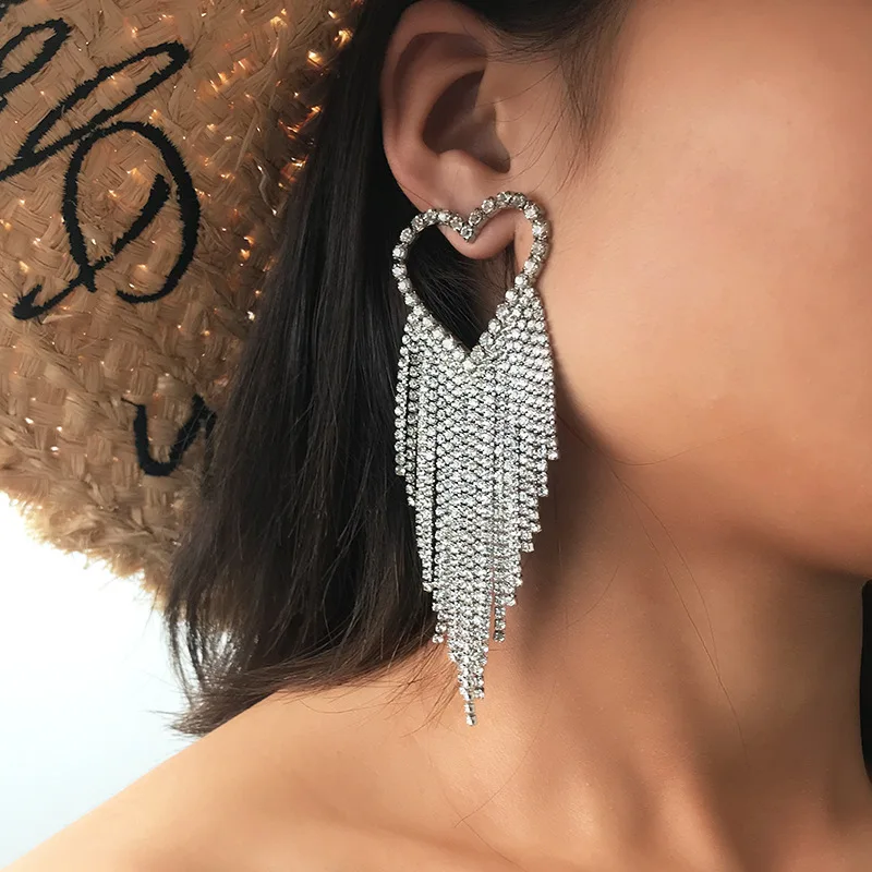

New Design Heart Shape Hoop Full Rhinestone Long Tennis Chain Dangle Crystal Earrings for Women 2020, Gold plated