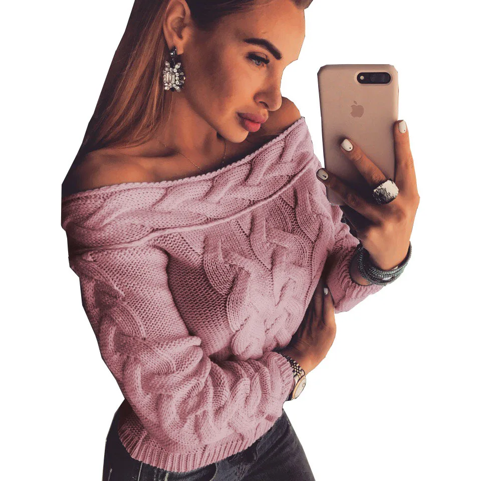 

RM118030 Women Long Sleeve Off Shoulder Loose Casual Knit Womens Sweaters