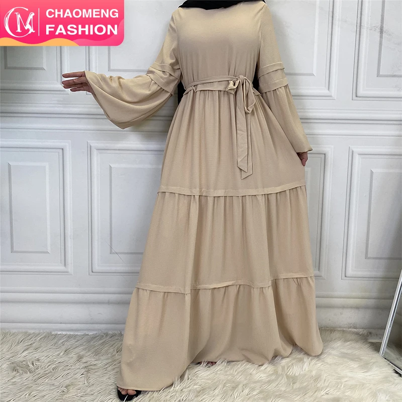 

6420# Muslim Solid Color Long Shirt Sundress Casual Pleated Dress Muslim Layered Tiered Maxi Dress, Green/black/beige/pink/maroon