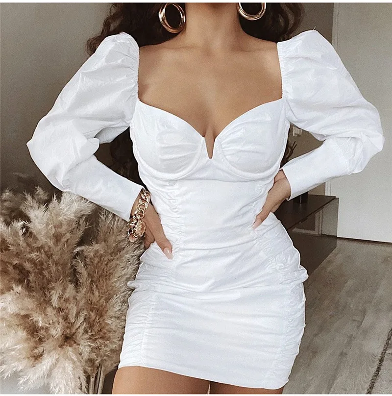 

2020 new arrivals summer ruched design women bubble long sleeve sexy bodycon casual dresses