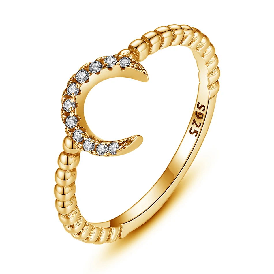 

925 Silver Ring Jewelry Wholesale 925 Sterling Silver 18K Gold Plated Cubic Zircon Moon Beaded Ring