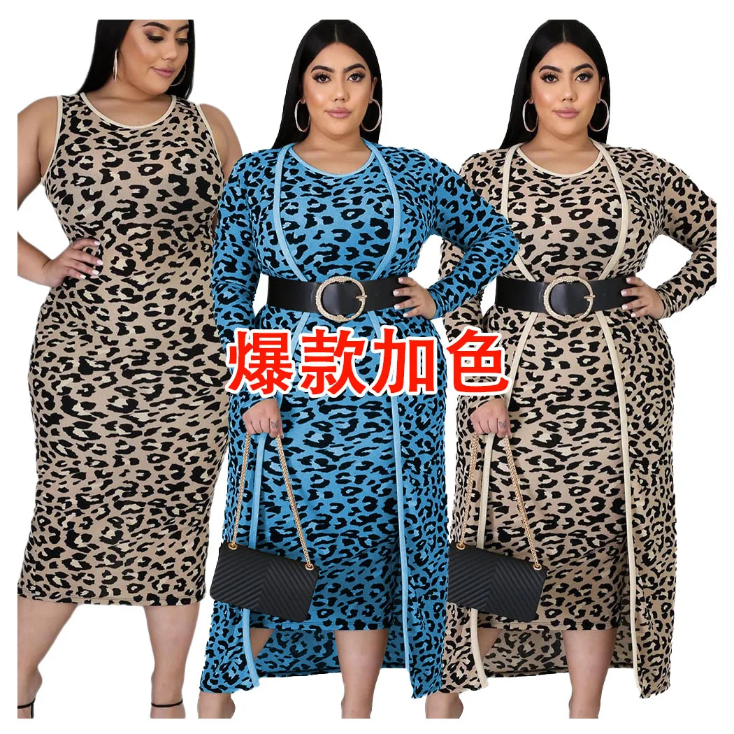 

Wholesale Leopard Print Long Coat Bodycon Sundress Autumn Clothing Women Plus Size Two Piece Set, Picture