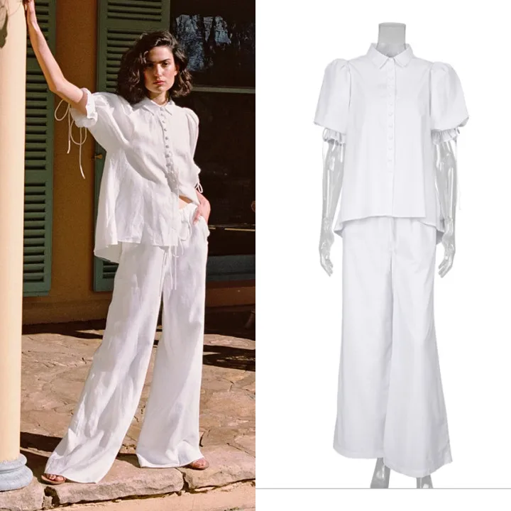 

Urban Clothing Women 2021 Summer Cotton Linen White 2piece Loose Drawstring Wide Leg Trousers Office Two Piece Pants Set