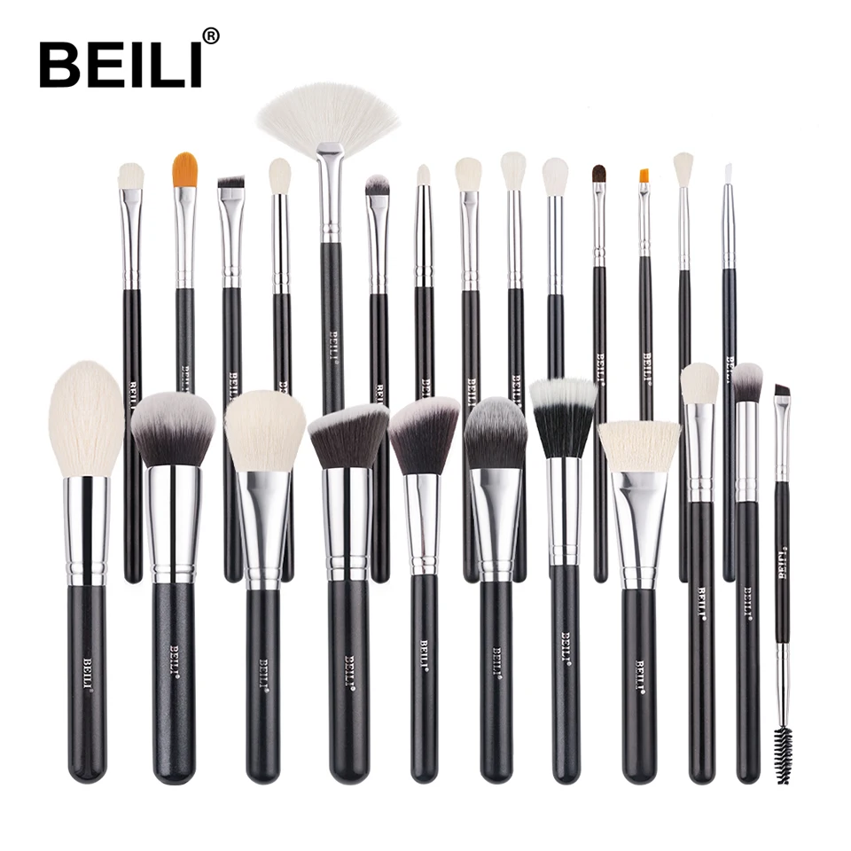 

BEILI black 25pcs private label makeup brushes natural goat pony hair eyeshadow concealer blending makeup brushes set kit