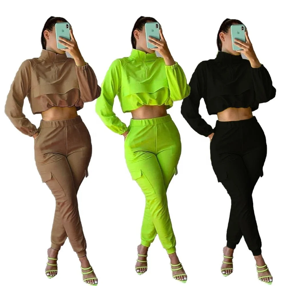 

2020 Women Crop Tops T-shirts Outfits Autumn Solid Colors Cargo Pants Crop Hoodies 2 Piece Set Women Clothing Tracksuit Set