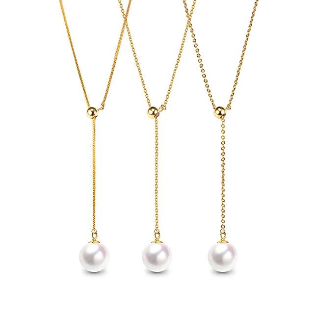 

Luxury 18K Yellow Gold Chain Necklace with Natural Akoya Pearl Drop Y Necklace Wholesale Free Shipping