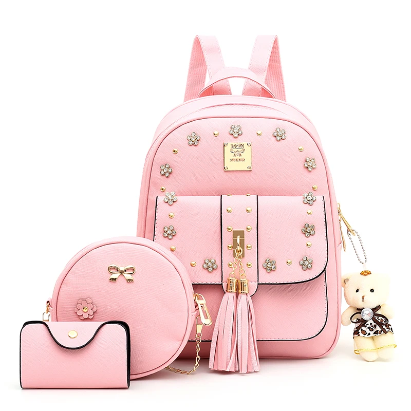 

Hot sale leather 3pcs backpack set cute bear decoration women backpack school book backpack, Picture display color or customized