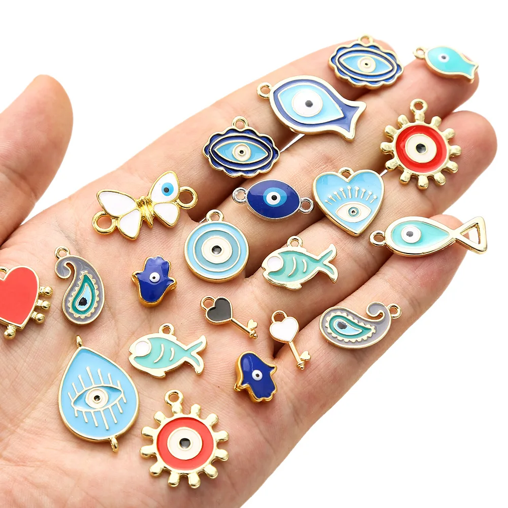 

Sea enamel colorful oval small red heart lock and key shape fish charm blue evil eyes necklace pendant bulk 2021, Gold color