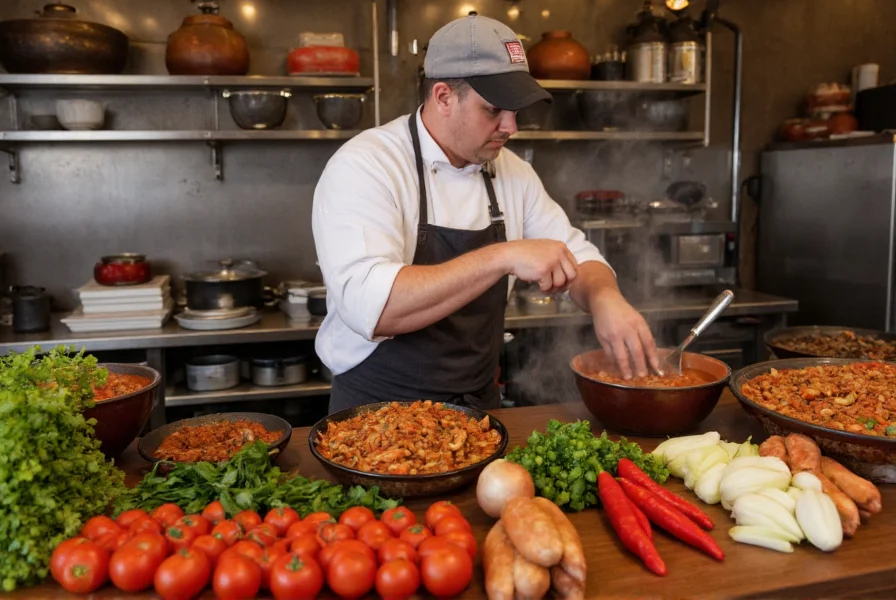 Chef preparing traditional chili in a cafe kitchen showing fresh ingredients like tomatoes, onions, and various chili peppers