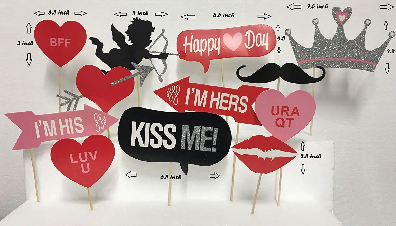 27PCS Valentines Day Supplies Photo Booth Party Props On A Stick Hearts Top Hat 