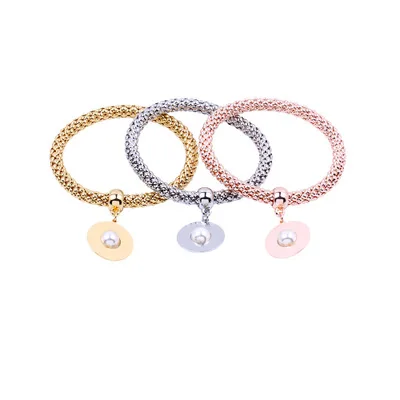 

Amazon Hot Sale Disc Pearl Pendant Corn Chain Set Bracelet New Arrival Rose Gold Plated Disc Pearl Elastic Corn Chain Bracelets